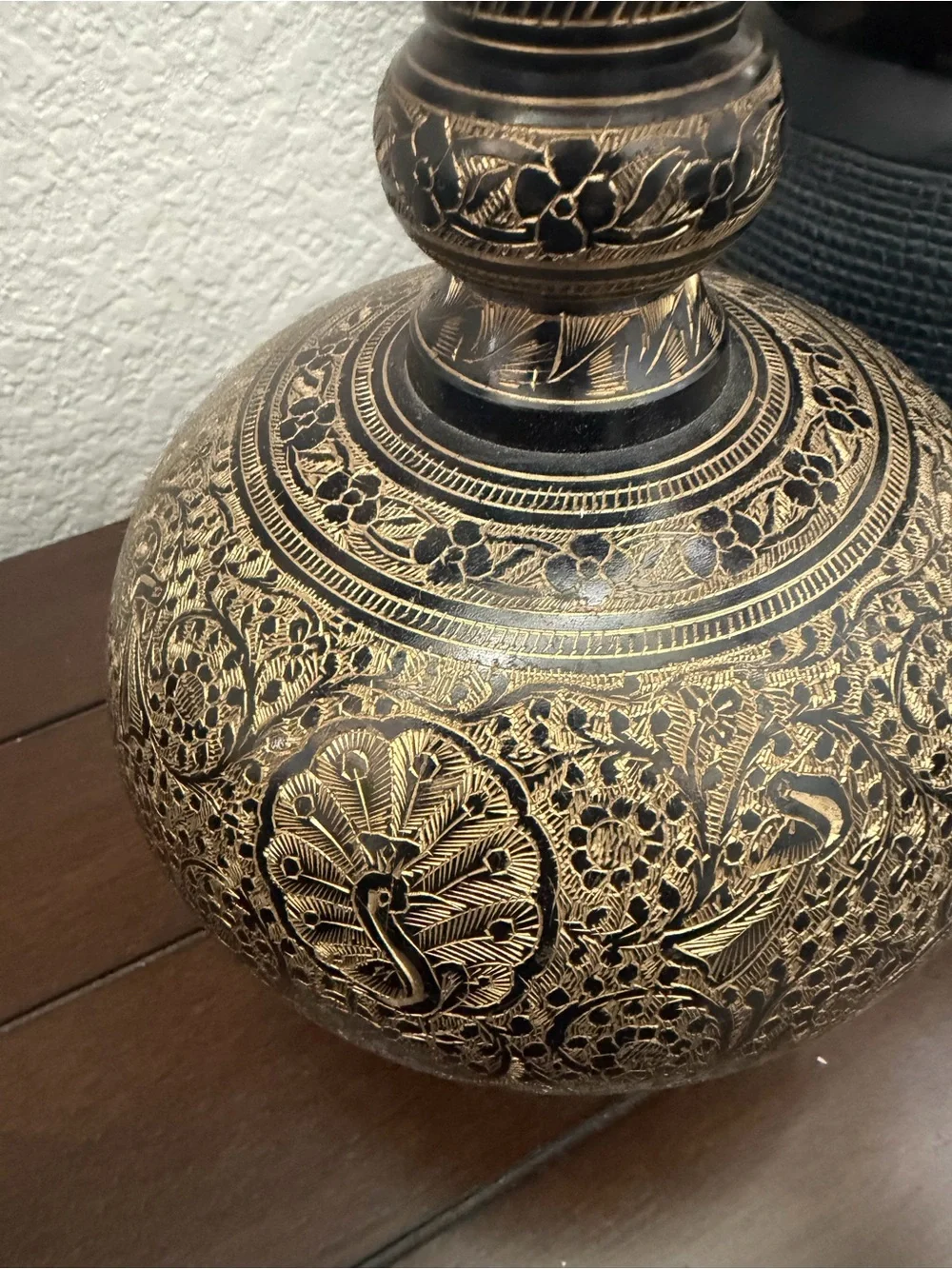 Vintage Indian Hand-Etched Brass & Black Lacquer Peacock Vase